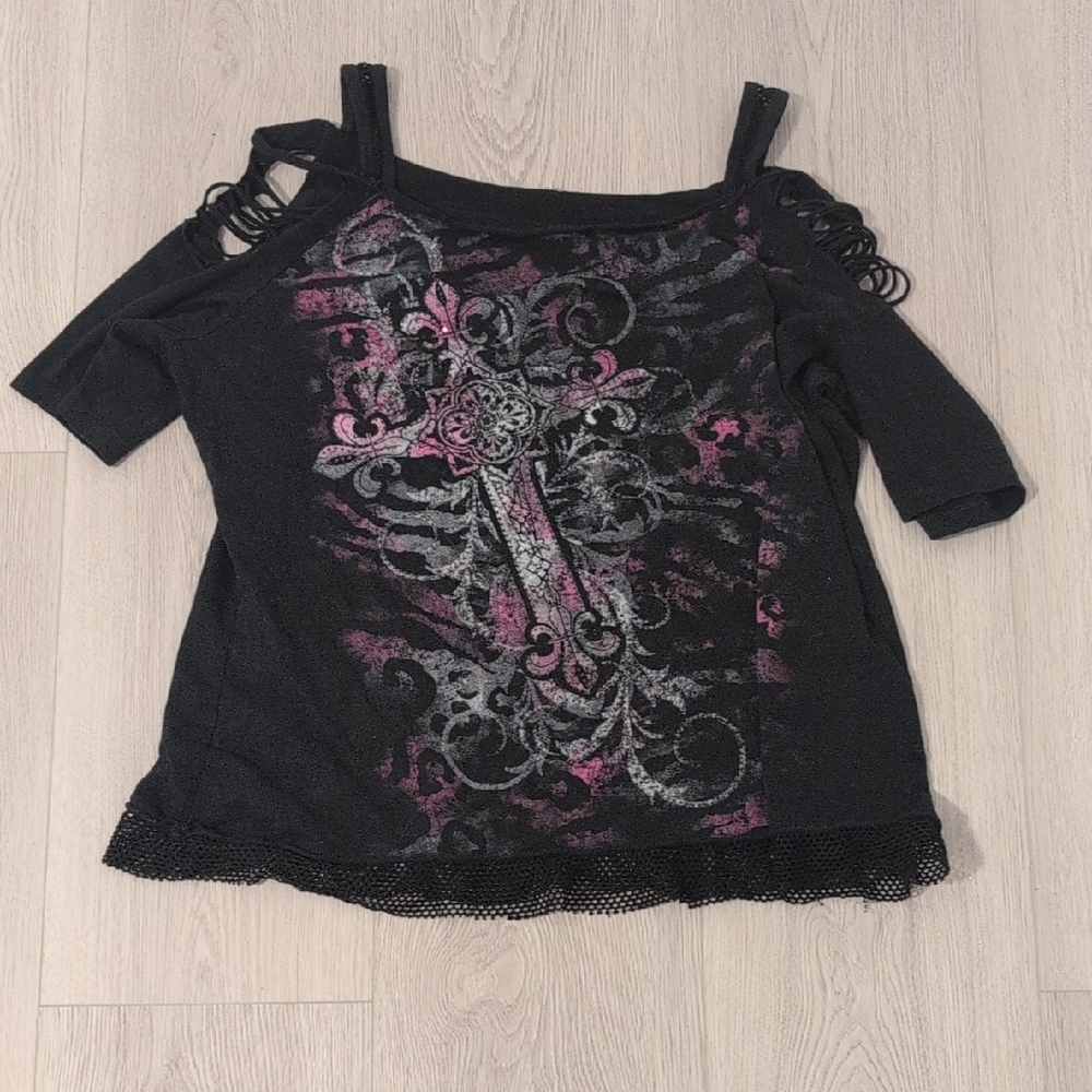 Affliction Black Cold-Shoulder Camisole with Pink and Silver Cross Graphic